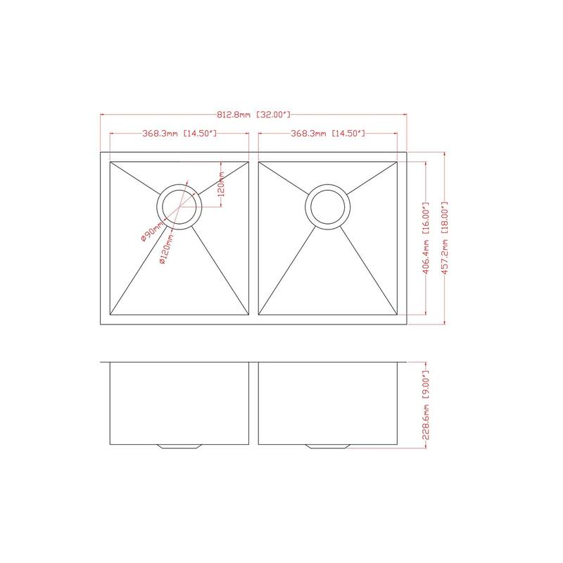 32 Inch Undermount Double Bowl 16 Gauge Stainless Steel Kitchen Sink in Brushed Nickel - 32'' x 18'' x 9''
