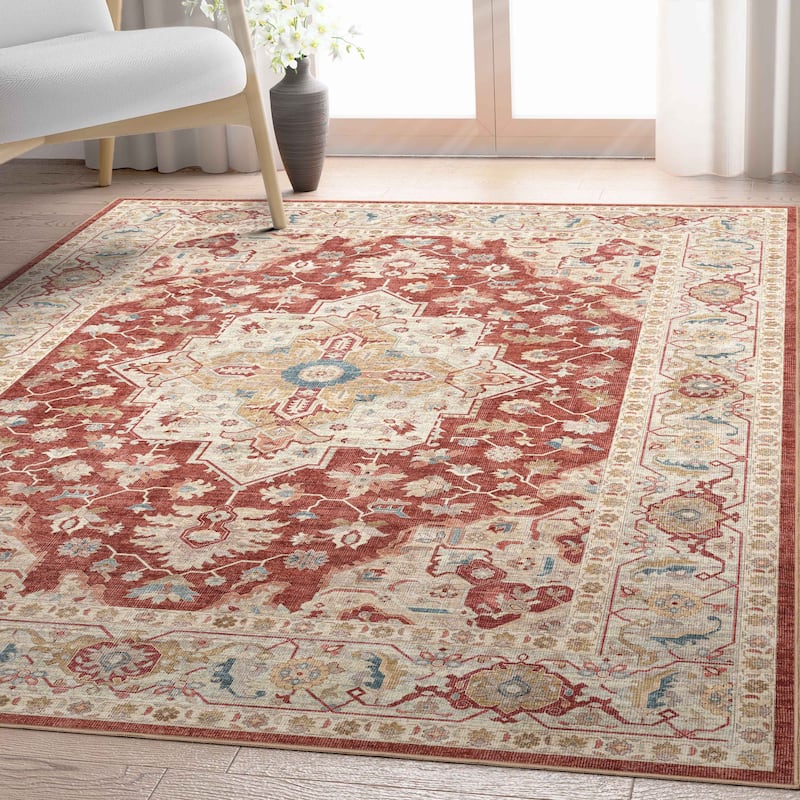 Well Woven Apollo Summit Medallion Orinetal Low Pile Easy Clean Rug - 5'3" x 7'3" - Red Beige