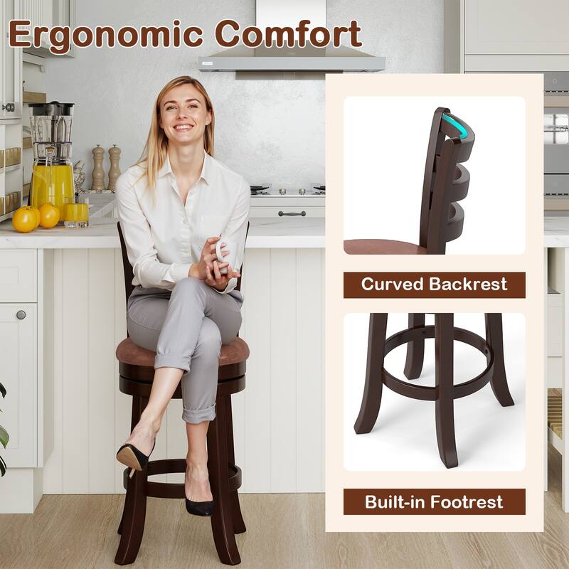 Costway 26” Counter Height Swivel Barstools Set of 2/4 with Back, Faux - Cappuccino