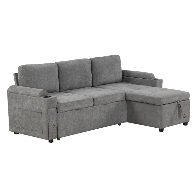 L-Shaped Convertible Sofa Bed with Reversible Chaise Lounge, Chenille Fabric Sectional Sofa with 2 Cup Holders & 2 USB Ports