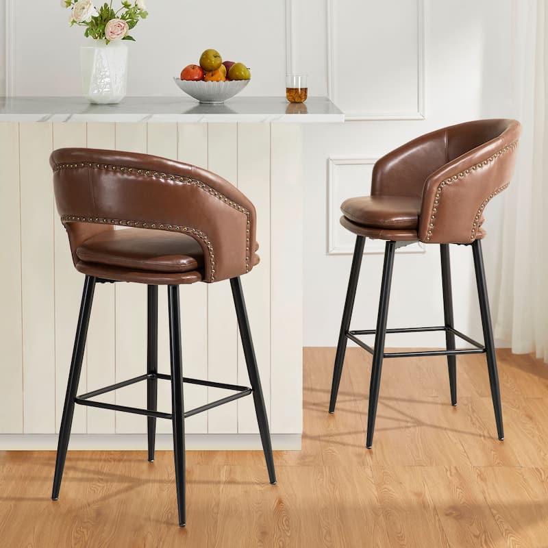 Glitzhome Set of 2 Mid-Century Modern 40.5"H Faux Leather Bar Stools with Nailhead Trim - Set of 2 - Brown