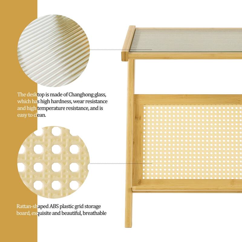 Bamboo Glass Top Side Table Accent End Table with Magazine Rack