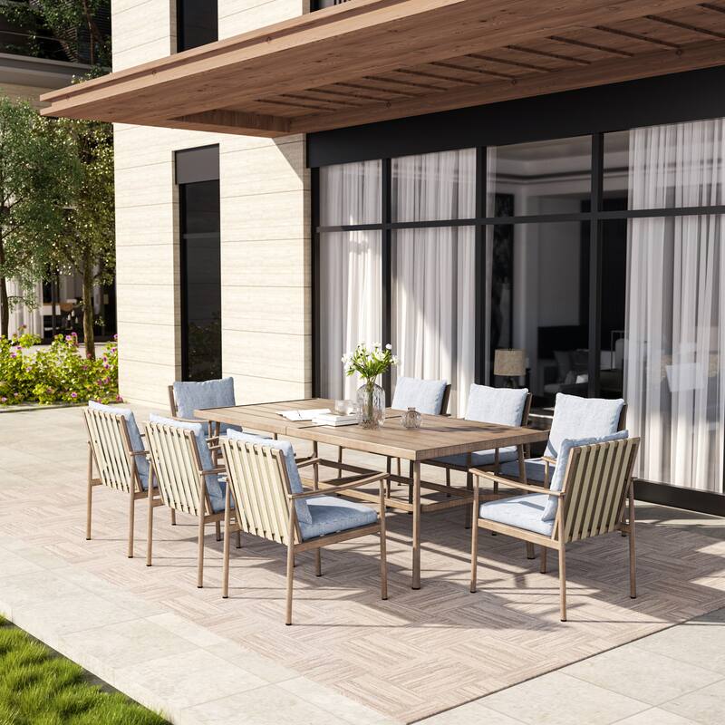 SleekLine 9-Piece Aluminum Patio Dining Set with Webbing Chair Back and Removable Cushions