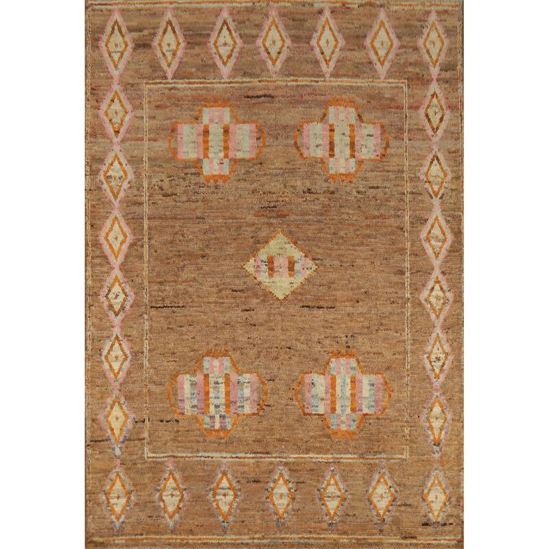 Moroccan Oriental Area Rug Hand-Knotted Brown Modern Wool Carpet - 7'0" x 9'6"