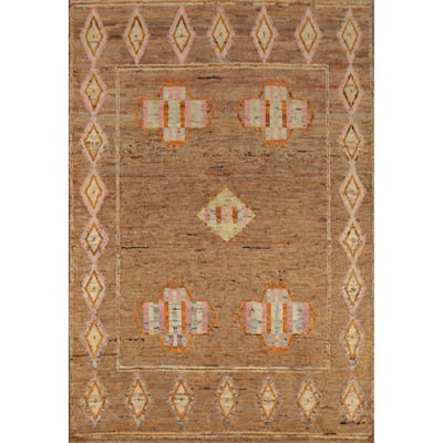 Moroccan Oriental Area Rug Hand-Knotted Brown Modern Wool Carpet - 7'0" x 9'6"