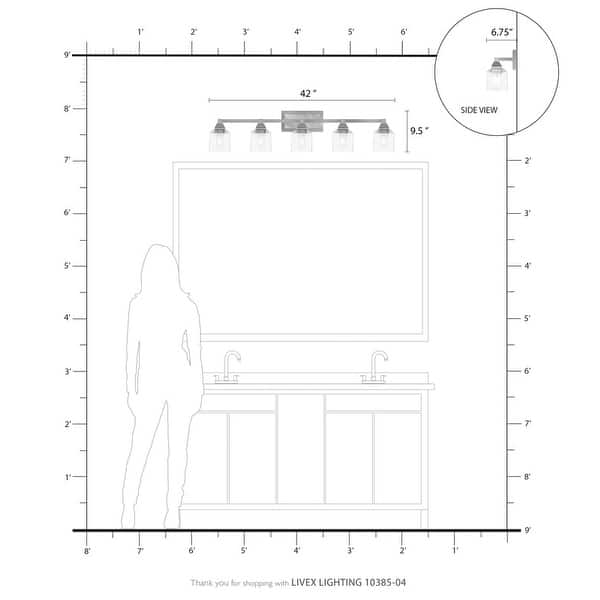 dimension image slide 1 of 2, Livex Lighting 5-light Black Vanity Sconce, 10385-04 - 42" W X 9.5" H X 6.75" EXT