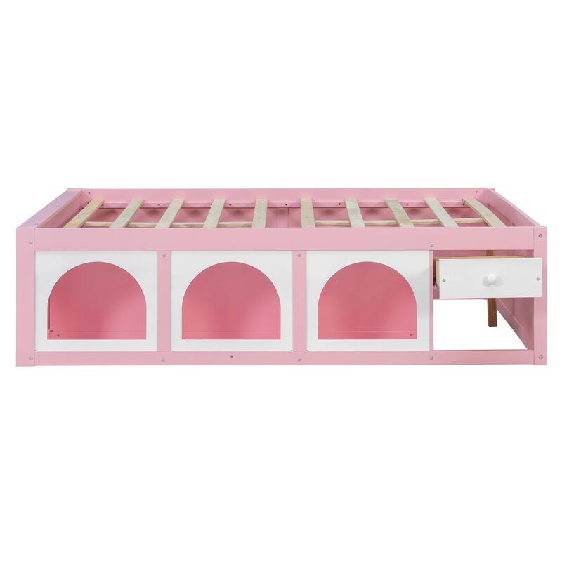 Wooden Platform Bed with Footboard Bookshelf, LED Display Cabinet and Drawer Storage by Harper&Bright Designs