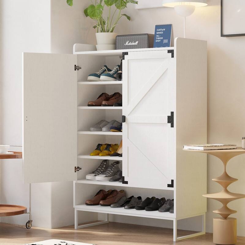 Shoe Cabinet with Doors 6-Tier Shoe Storage Cabinet with Adjustable Shelves - White