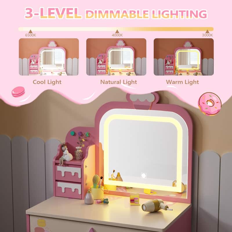 Kids Makeup Desk Vanity Table Set With Cloud-Like Lights And Drawer For Little Girls Ages 3-8 - N/A