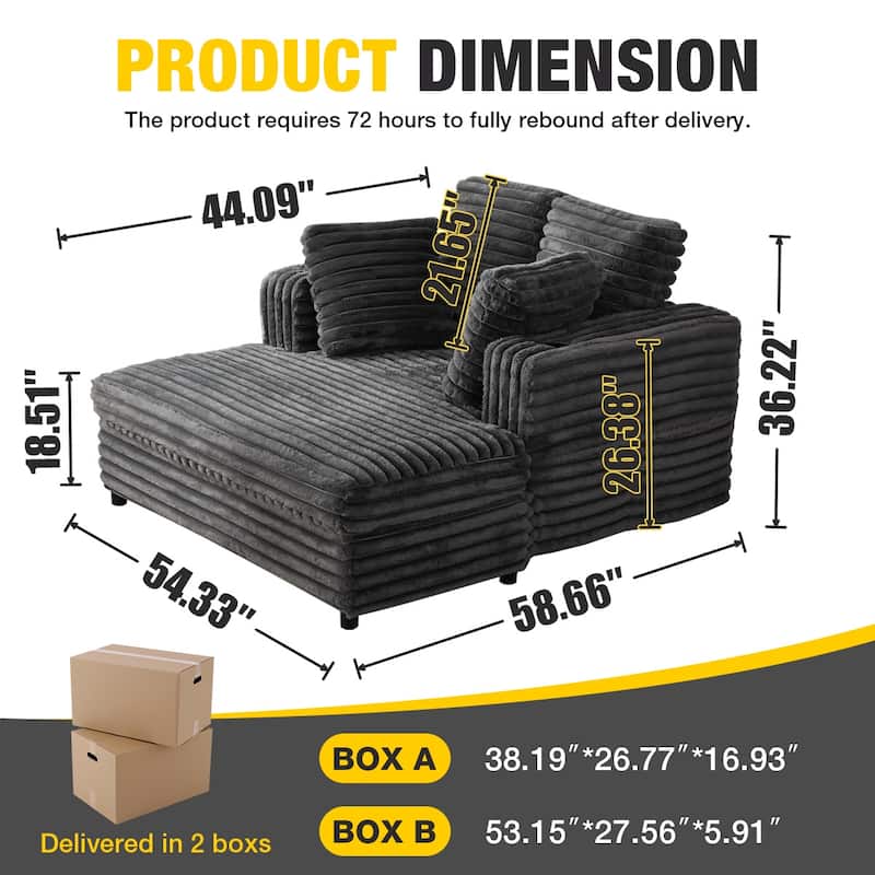 64" Oversized Chaise Lounge Chair Sofa Bed, Corduroy Upholstered Sleeper Chair with Wood Frame, Storage Pockets, Cup Holders