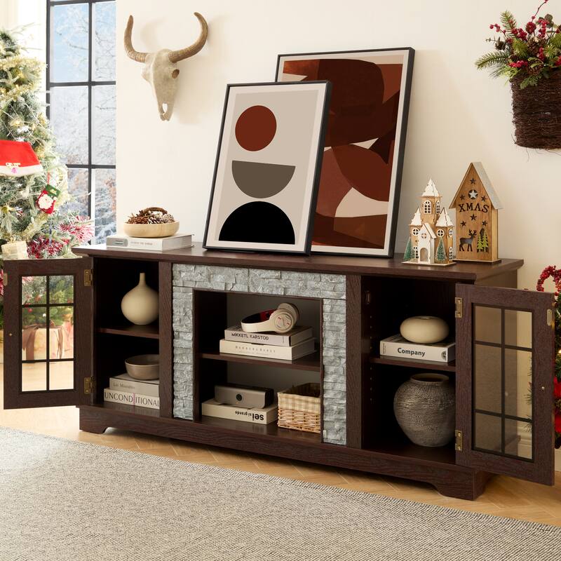 Classic TV Stand Entertainment Center for up to 65" TVs, Faux Stone Media Console Cabinet for Living Room - Cherry