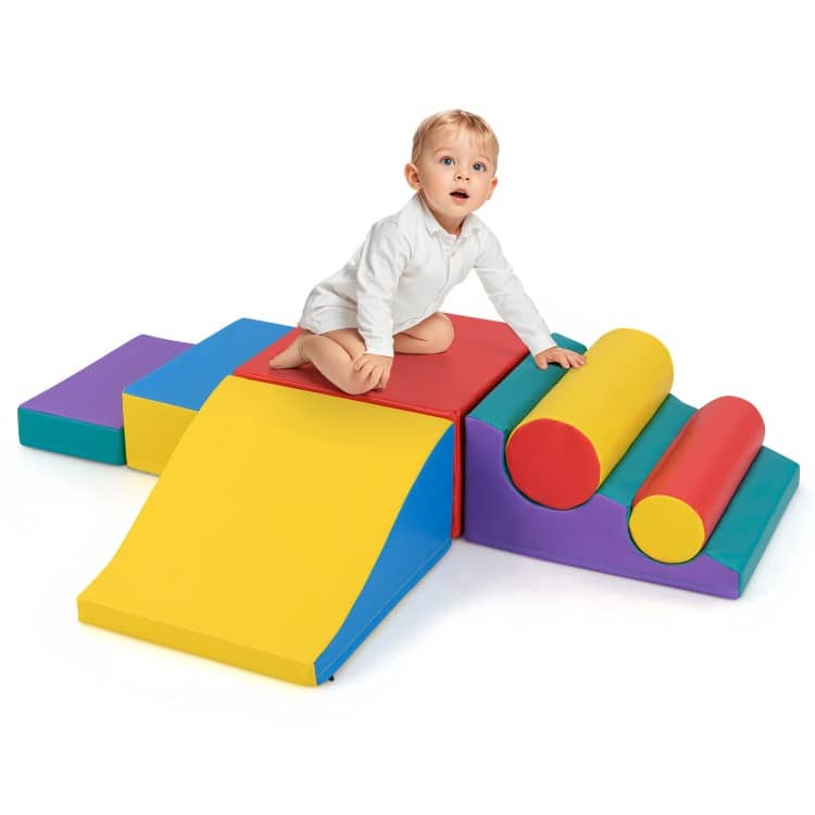 Red PU Leather EPE Foam 7-Piece Kids Climbing Blocks Set with Slide and Wave Shape - 19.5" x 17.5" x 10" (L x W x H)