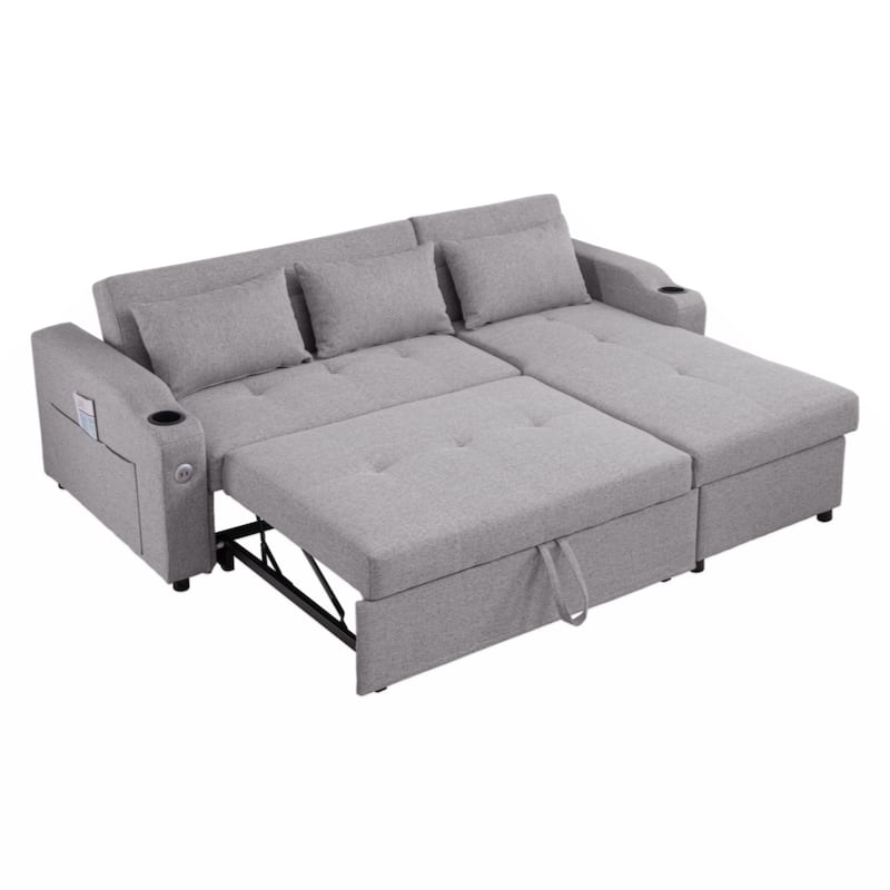 84"Adjustable Backrest Sofa Bed,3 in 1 Linen Sleeper with USB Ports & Cup Holders, Pull Out Couch Bed with Storage Chaise