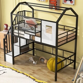 Space-Saving Twin Size Loft Bed with Roof Design and Storage Box