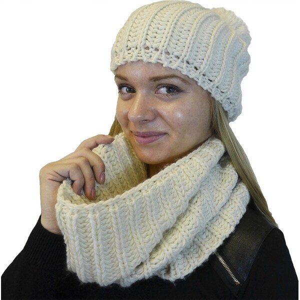 Hat and Infinity Scarf 2-Piece Knit Set, Cable Knit Lurex Intertwined