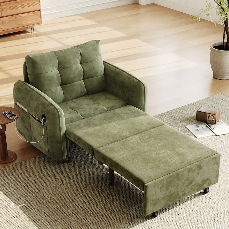 3-in-1 Chenille Accent Chair Convertible Sleeper Sofa Bed, 80" Extra Long Pull-out Chair Bed with USB and Type-C Ports