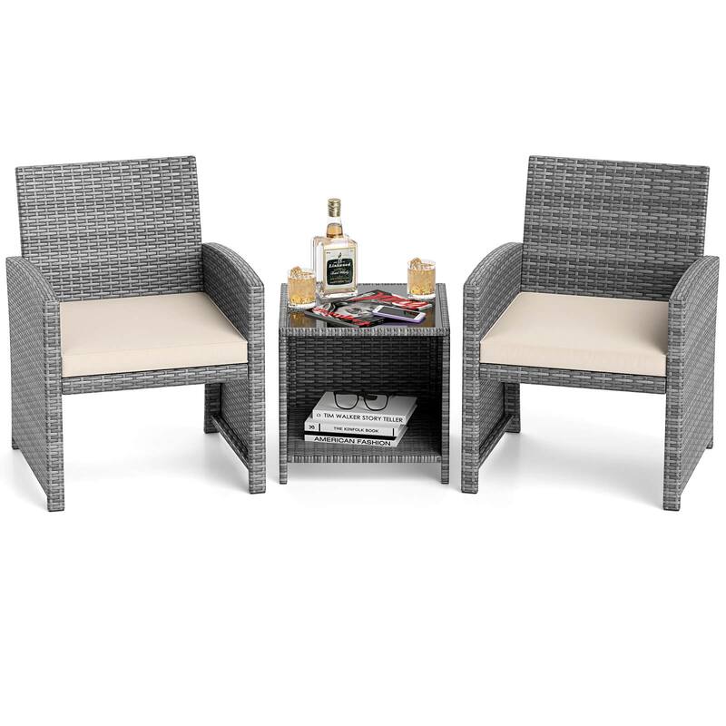Costway 3 PCS Patio Furniture Set with Tempered Glass Coffee Table & - See Details