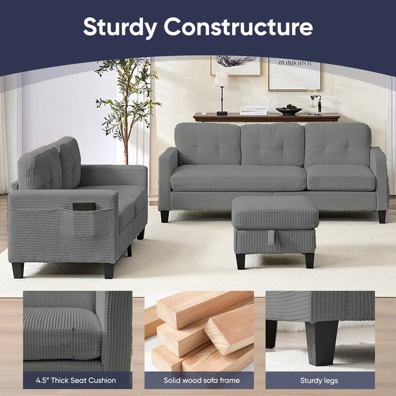 Mixoy 76'' L-Shaped Sofa Set,Corduroy Sectional Sofa,Mid Century 3-Seater Sofa with Storage Ottoman/Loveseat/Single Sofa