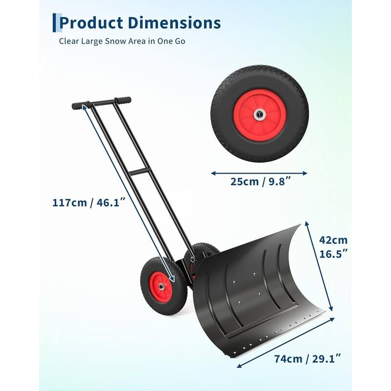 29* 16.54 in Heavy Duty Snow Shovel with Wheels for Easy Driveway and Pavement Clearing