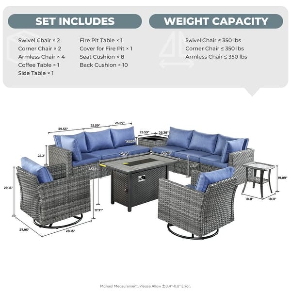 dimension image slide 3 of 6, HOOOWOOO 11-piece Rattan Wicker Outdoor Furniture Set Swivel Chairs with Fire Pit