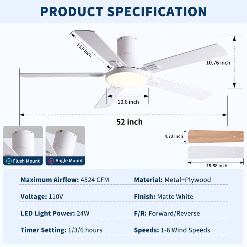 52 Inch Modern Minimalist Flush Mount Ceiling Fan with Light, Reversible DC Motor, Remote, Double-Sided Blades