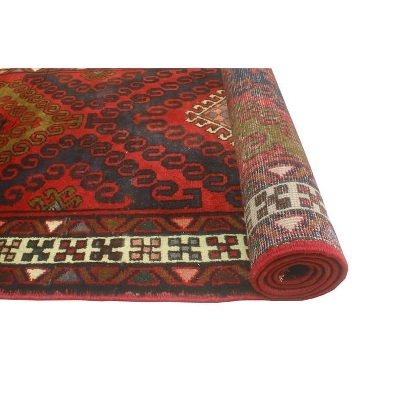 Fine Vintage Distressed Bunmi Burgundy/Navy Runner - 3'5" x 13'2"