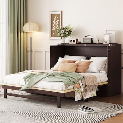Murphy Bed, Pine Wood Cabinet Bed with Rattan Decoration and Storage Drawer