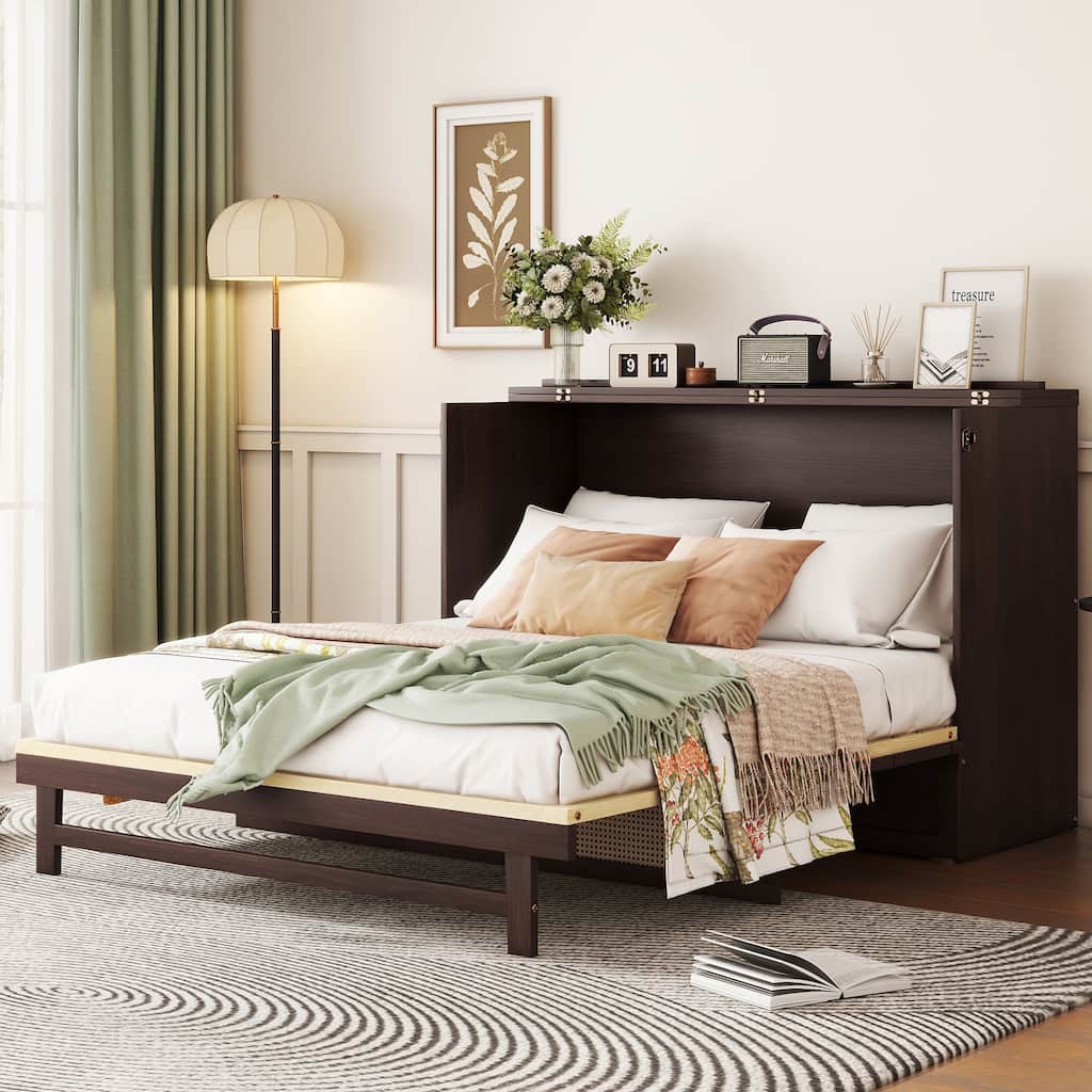 Murphy Bed,Wood Cabinet Bed with Rattan Decoration and Storage Drawer