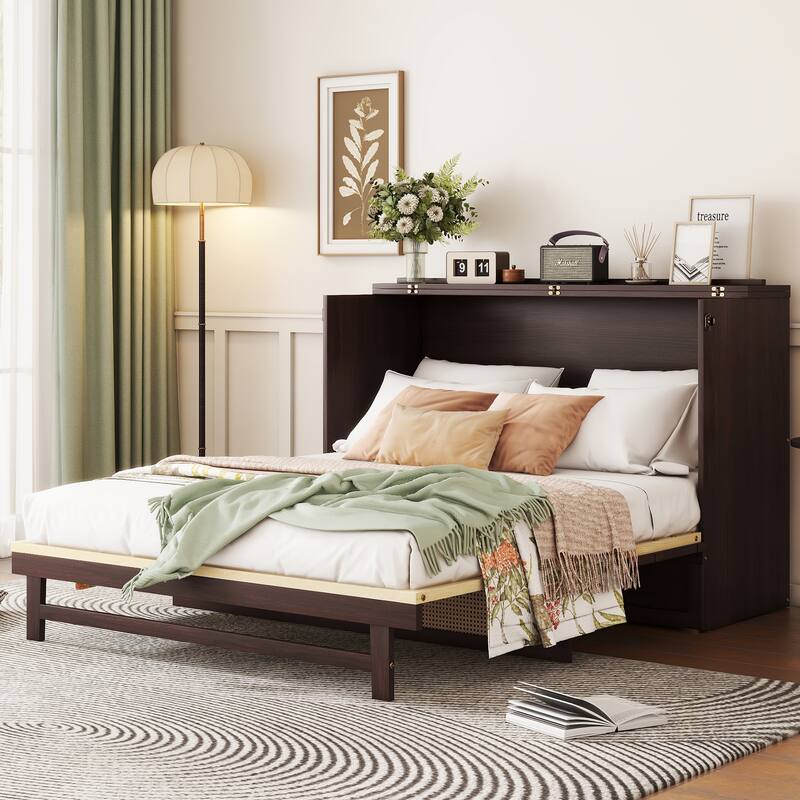 Queen Size Foldable Murphy Bed Convertible Rattan Cube Cabinet with Storage Drawer Space Saving Platform Bed Pine Wood Bed Frame