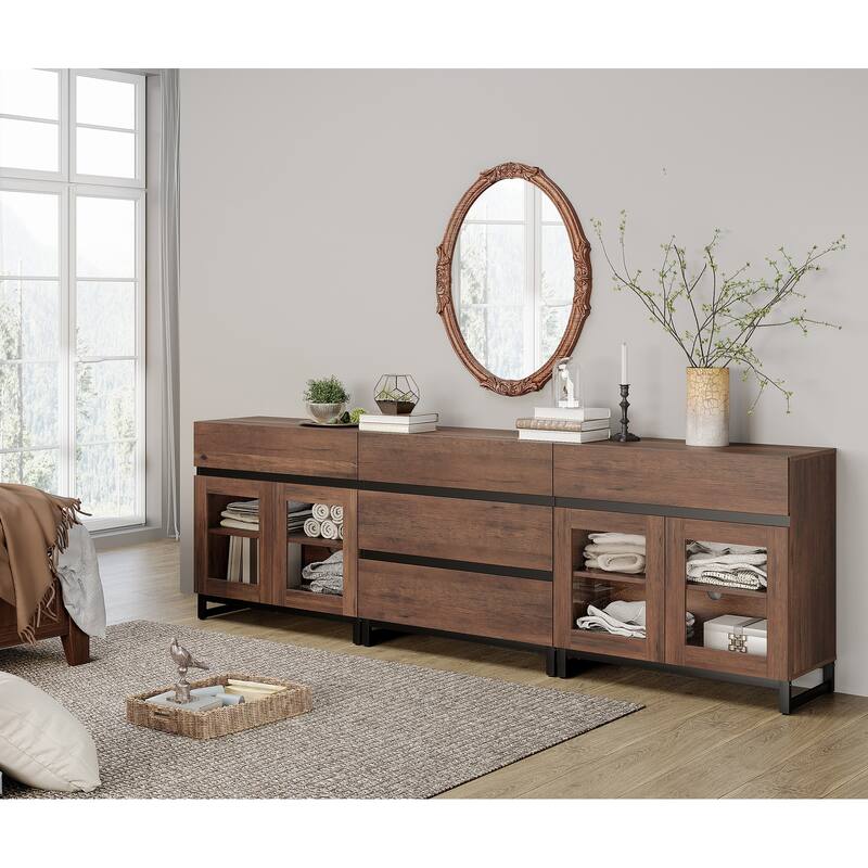 WAMPAT 3 in 1 Multifunctional Dresser with Glass Doors and 5 Drawers, Modern Chest of Drawers for Bedroom