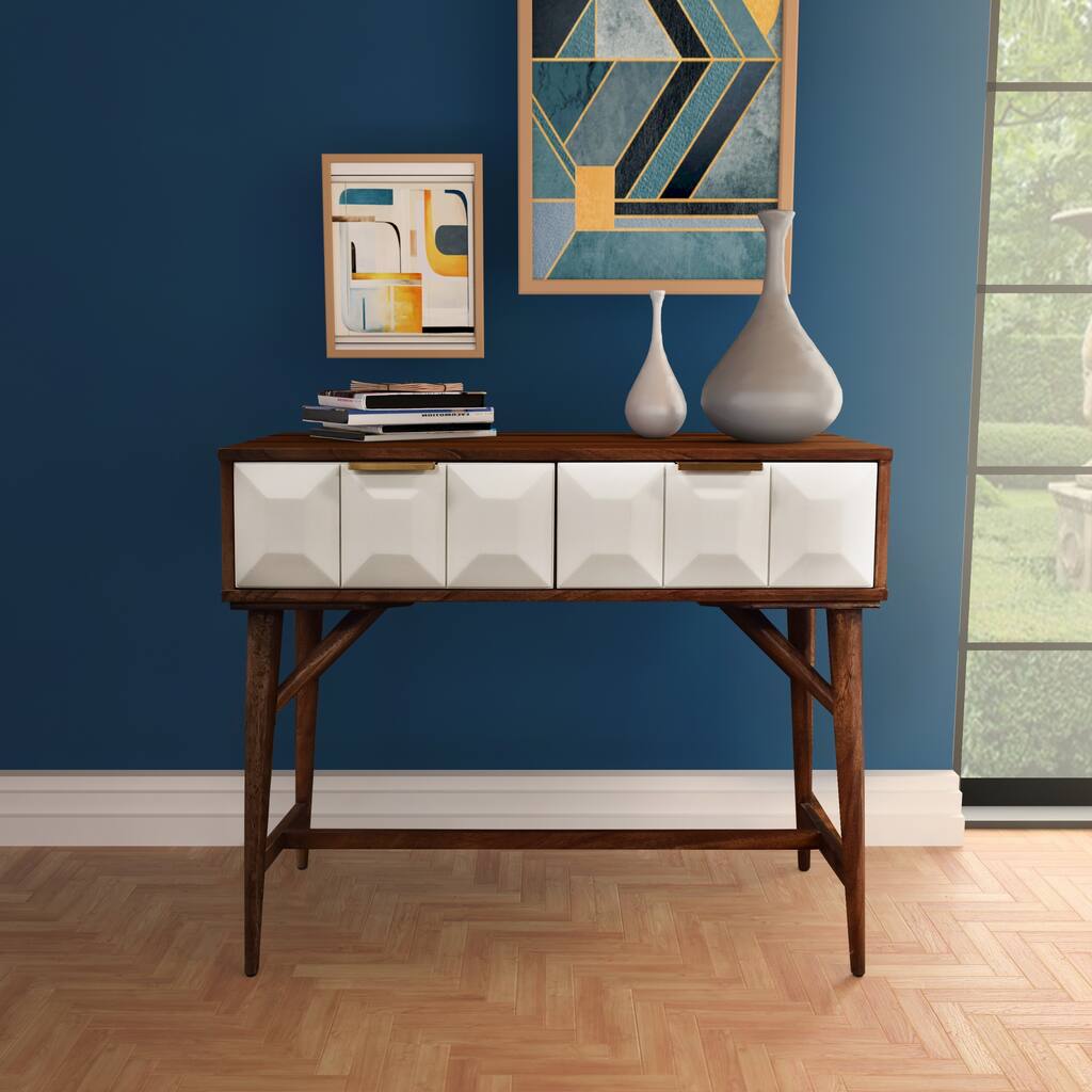 Console Table with Whisper Quiet Smooth Metal Side Drawer Glides and Conical Shaped Drawer Fronts with Brass Pulls