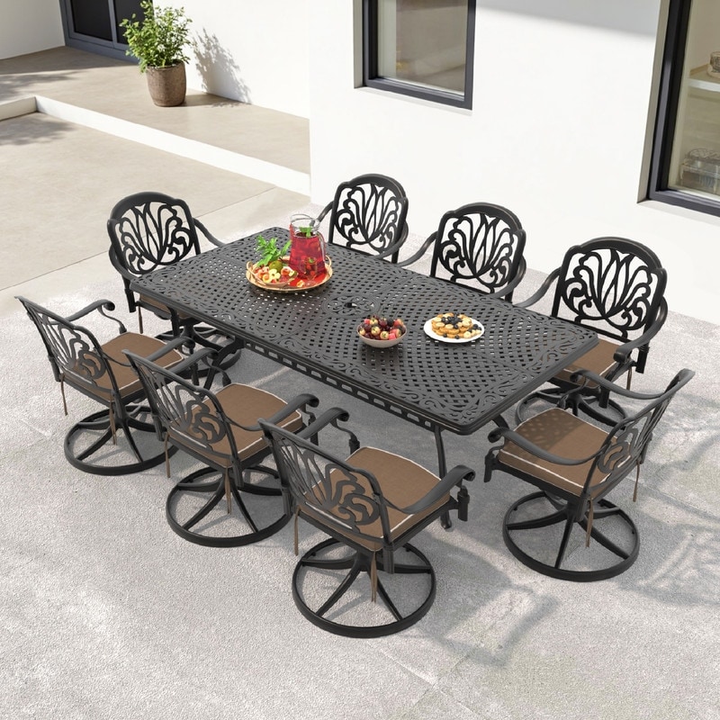 9-Piece Aluminum Rectangular Outdoor Patio Dining Set, 8 Cushioned Swivel Chairs, Table, All-Weather Frames