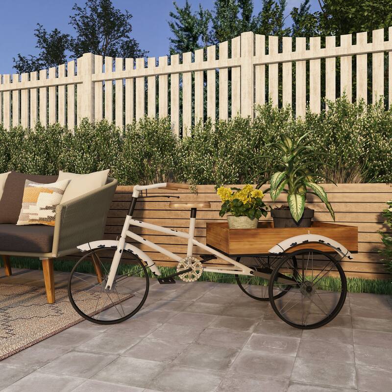 White Metal Indoor Outdoor Vintage Bike Indoor Outdoor Plantstand with Brown Wood Accents
