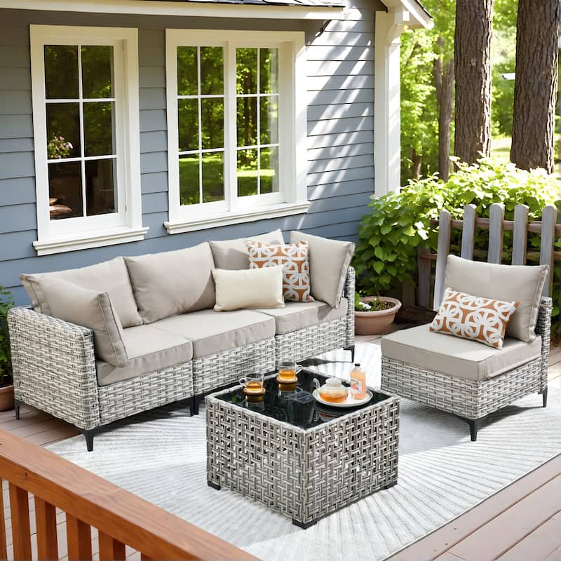 OVIOS 5 Pieces Outdoor Wicker Furniture Set With Solar-Powered Coffee Table - Beige