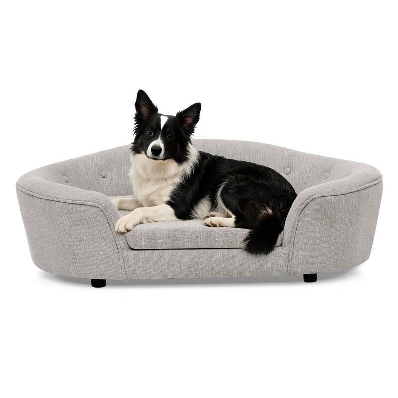 Oval Semi-Enclosed Dog Sofa, Durable Linen Material, Button-Tufted Backrest, High-Center Low-Sides Support Plush Comfort-Beige