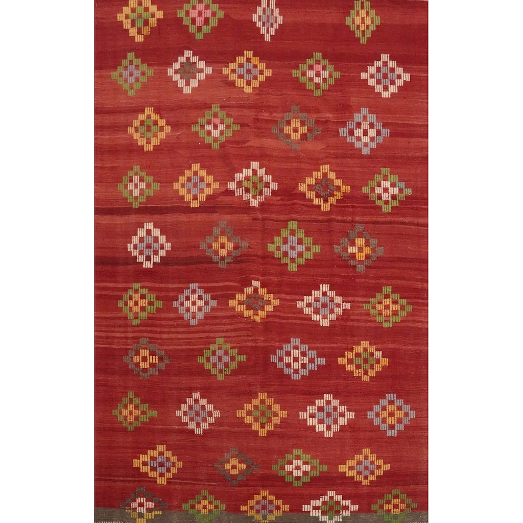 Hand Woven Oriental 100% Wool Carpet Southwestern Tribal Red Kilim Area Rug - 8' 8'' X 6' 5''