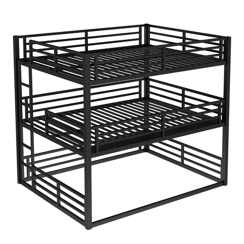 Metal Triple Bunk Bed with Safety Guardrails, Queen over Full XL over Queen, Black