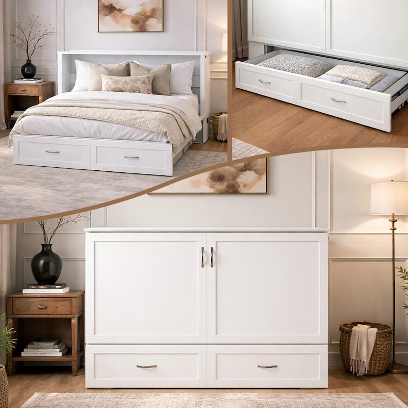 Hamilton Queen Murphy Bed Chest with 6" Mattress, Storage Drawer & Built-In Charger in White