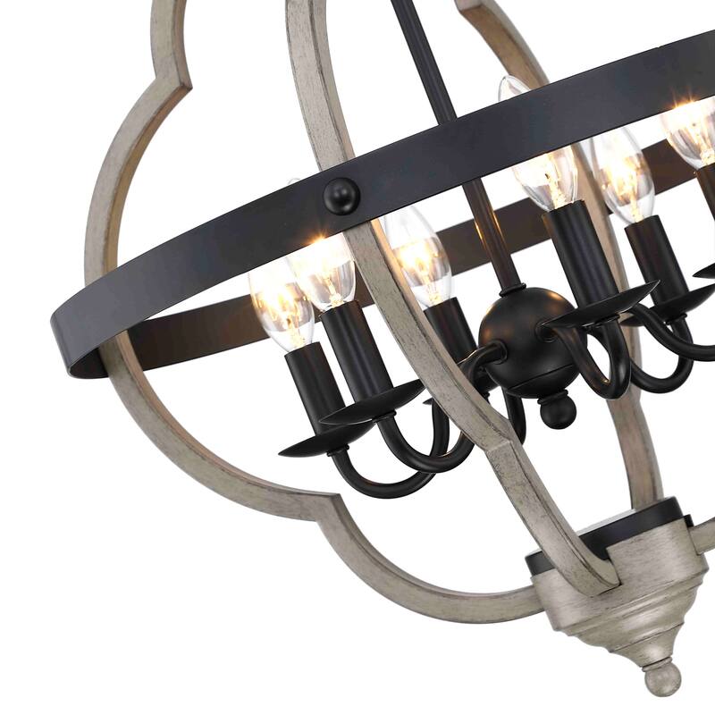 6-light pendant with black&wood finish and steel cage shade