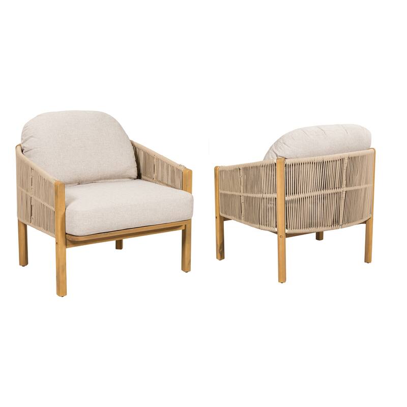 Roomfitters Grotta Outdoor Acacia Wood Club Chair with Rope Woven Back, Teak Finish and Beige