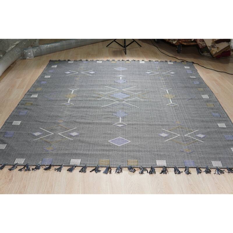 Gray Hand-Knotted Cotton Flat Weave Rug, 4' x 6', soft elegant area accent - L