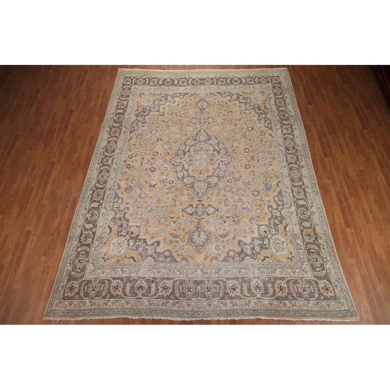 Hand Knotted Oriental 100% Wool Carpet Traditional Floral Yellow & Gold Mashad Area Rug - 12' 5'' X 9' 4''