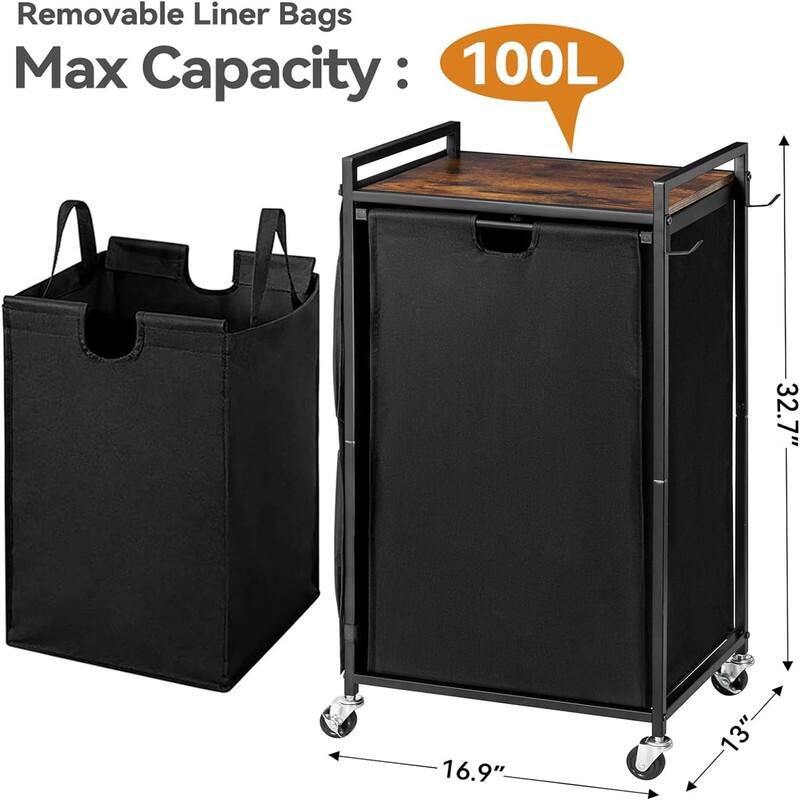 Laundry Hamper with Wheels and Shelf - 16.9"L x 13"W x 32.7"H