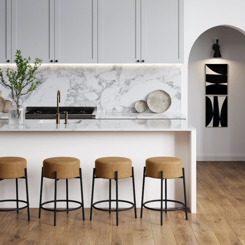 Isaac Modern Backless Metal Round Bar Stool with Boucle Padded Seat and Metal Base