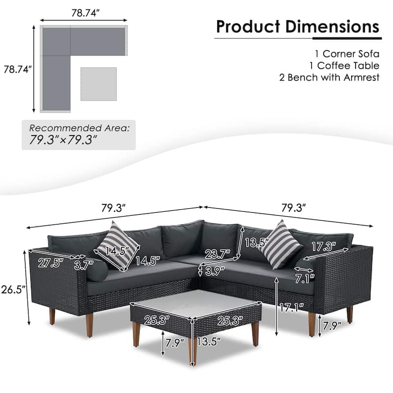 Roomfitters 4-Piece Outdoor Sectional Sofa Set with Glass Coffee Table, Tapered Wood Legs Rattan Furniture, Black+Gray