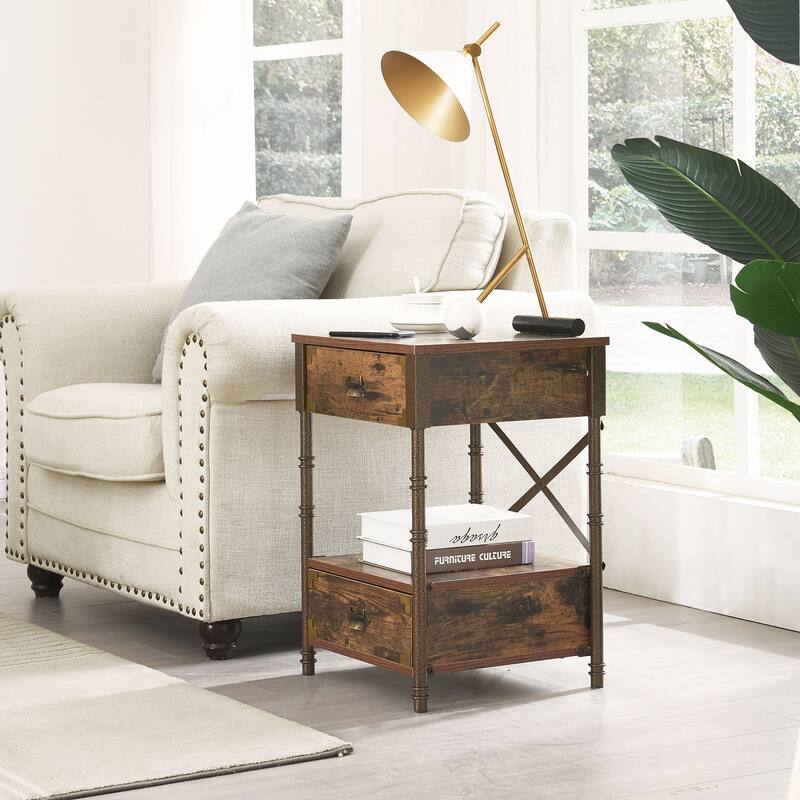 Vintage 2 Drawers Nightstand, Rustic Brwon