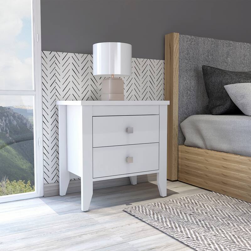 White Windsor Nightstand with 2 Drawers, Modern Style, Durable Manufactured Wood, 24.25" Height