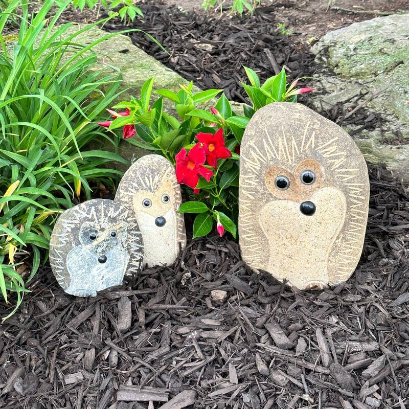 Natural Granite Boulder Animal Statues - 3 Piece Families - Dog, Angry Bird, Hedgehog, Cat, Owl, or Turtle - Hedgehog