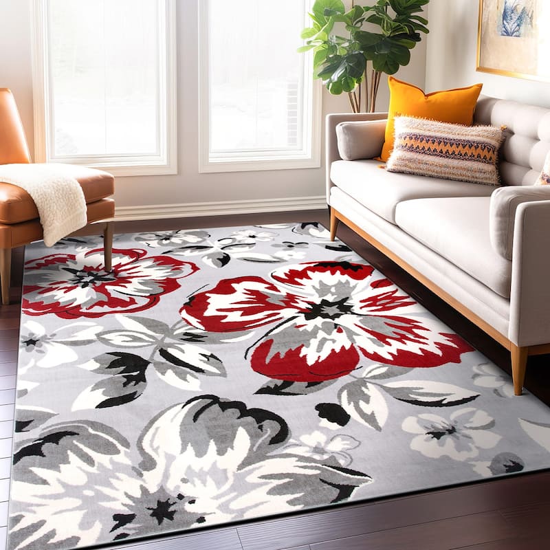 World Rug Gallery Modern Floral Design Area Rug - 7'6" x 9'5" - Red - Runner/Rectangle