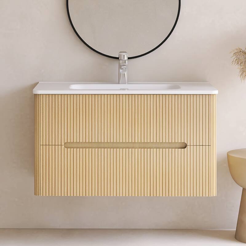 Emma 36 inch Wall-Mounted Bathroom Vanity Set with Integrated Ceramic Sink - 36"x18"x20" - Natural Oak